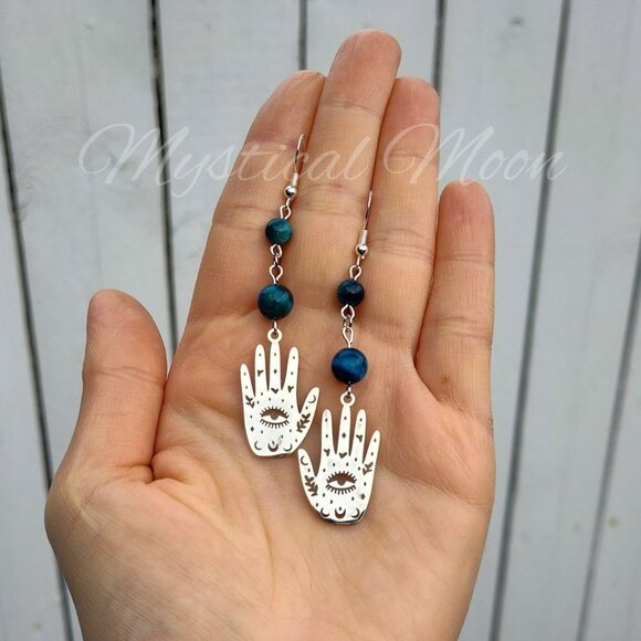 Blue Tiger's Eye Hamsa Hand Earrings with All Seeing Eye Celestial Witchy Boho - Picture 1 of 4